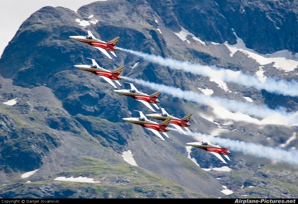 Switzerland - Air Force:  Patrouille de Suisse J-3088 aircraft at Samedan - Engadin