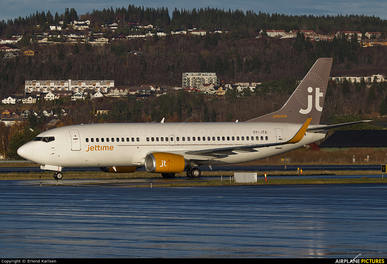 Jet Time OY-JTA aircraft at Trondheim - Vaernes